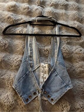 Light Wash Denim Lace-Up Halter Crop Top